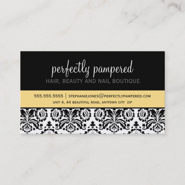 BUSINESS CARD modern damask black lemon yellow (Front)