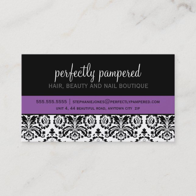 BUSINESS CARD modern damask black violet purple (Front)