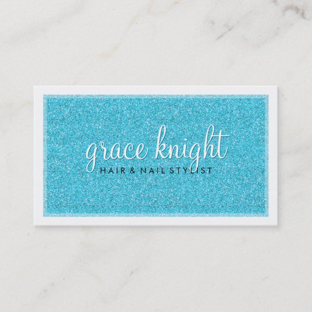 BUSINESS CARD modern simple glitter aqua blue (Front)