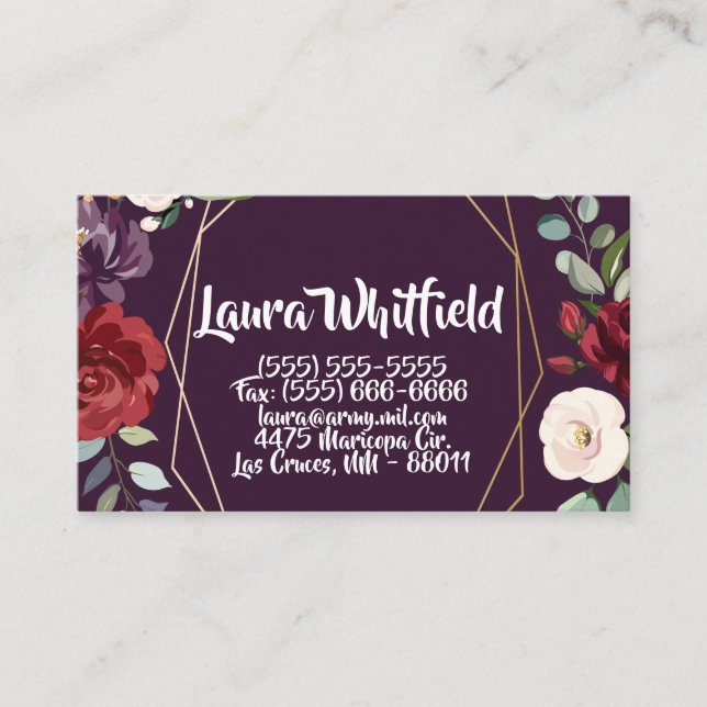 Business Card Plum Purple Roses Gold Geometric Flo (Front)