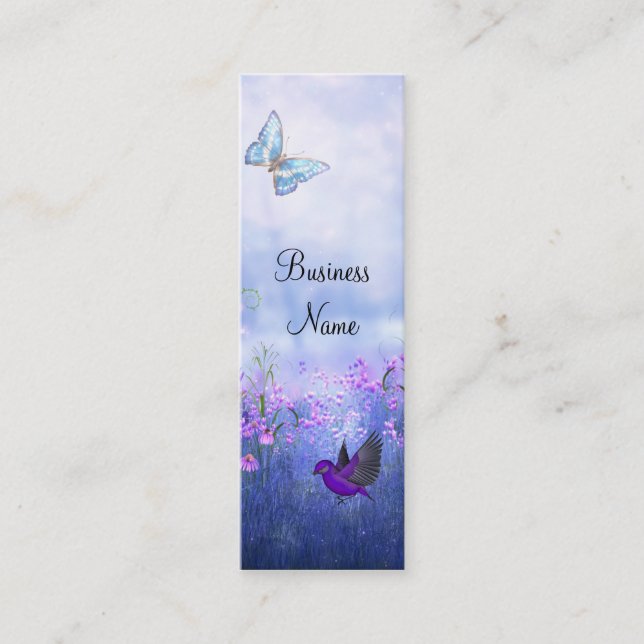 Business Card Purple Flowers Birds Skinny (Front)