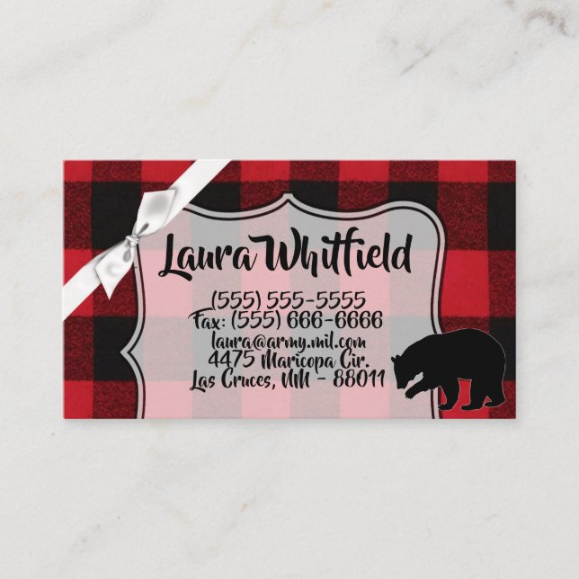 Business Card Red Buffalo Plaid Bear Black (Front)