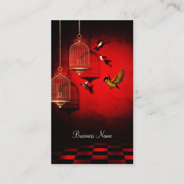 Business Card Red Golden Cage Birds (Front)