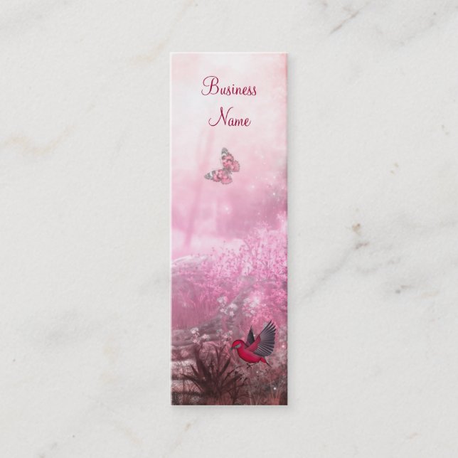 Business Card Red Pink Woodland Bird Skinny (Front)