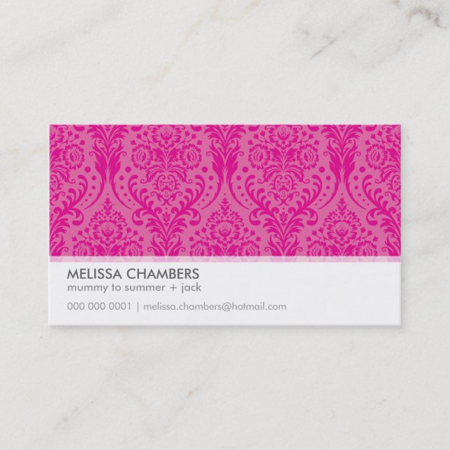 BUSINESS CARD simple modern damask fuschia pink (Front)