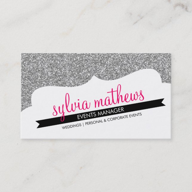 BUSINESS CARD stylish glitter sparkle silver pink (Front)