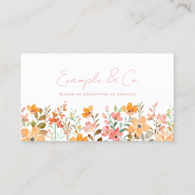 Business Card, Watercolor Florals Pink Orange Card (Back)