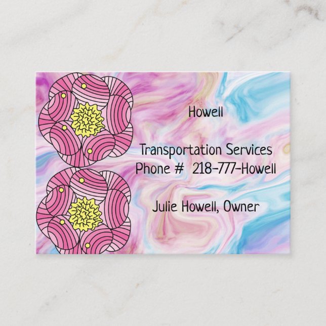 Business Card with Pink Faux Marble & Flowers (Front)