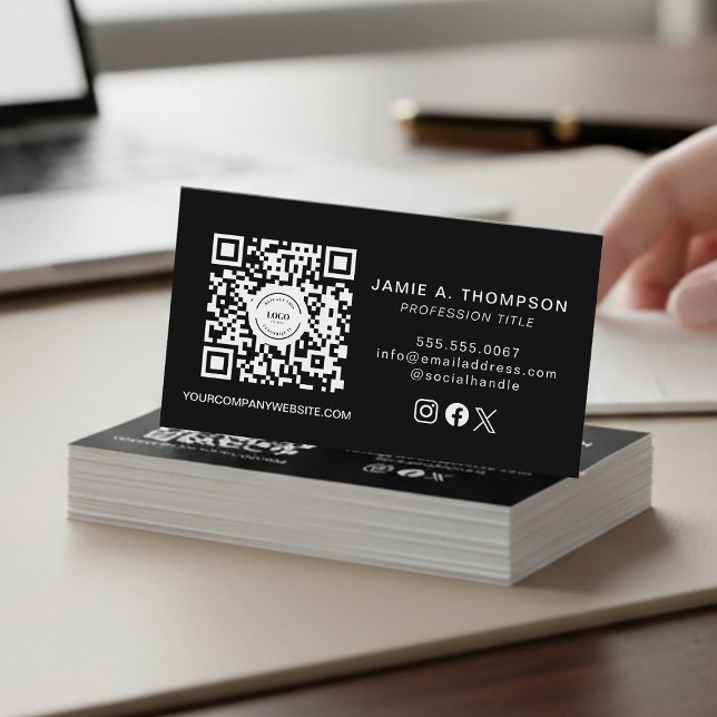 Business Card with QR code Black modern Logo (Customizable logo, QR code, social media handle, website, contact info black business card.)