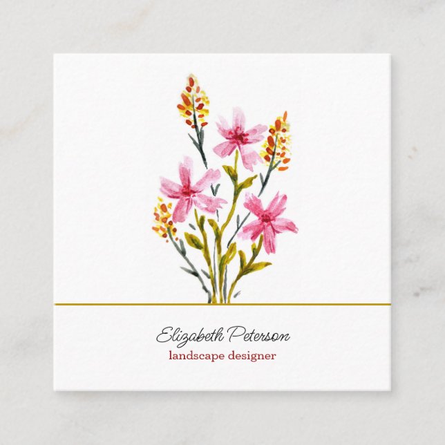 Business card with watercolor flowers pattern. (Front)