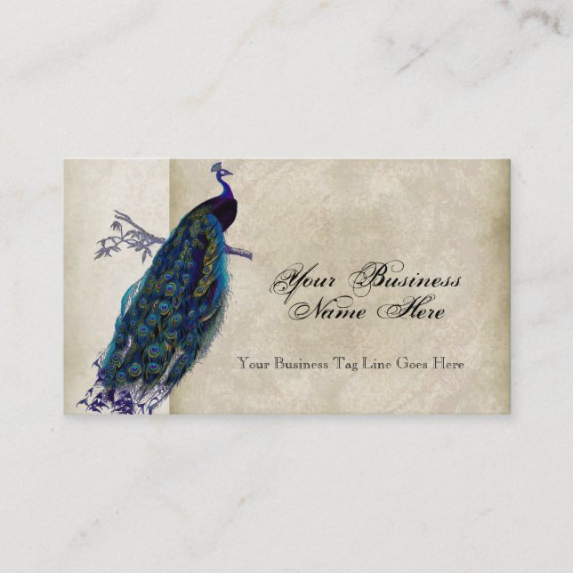 Business Cards - Teal Vintage Peacock 8 & Etchings (Front)