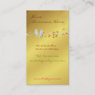 Business cards with love birds on gold tone