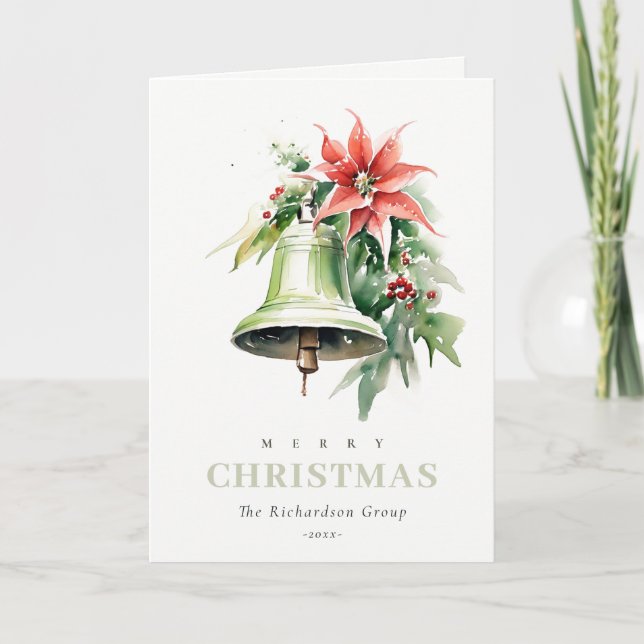 Business Christmas Bell Poinsettia Corporate Logo Holiday Card (Front)