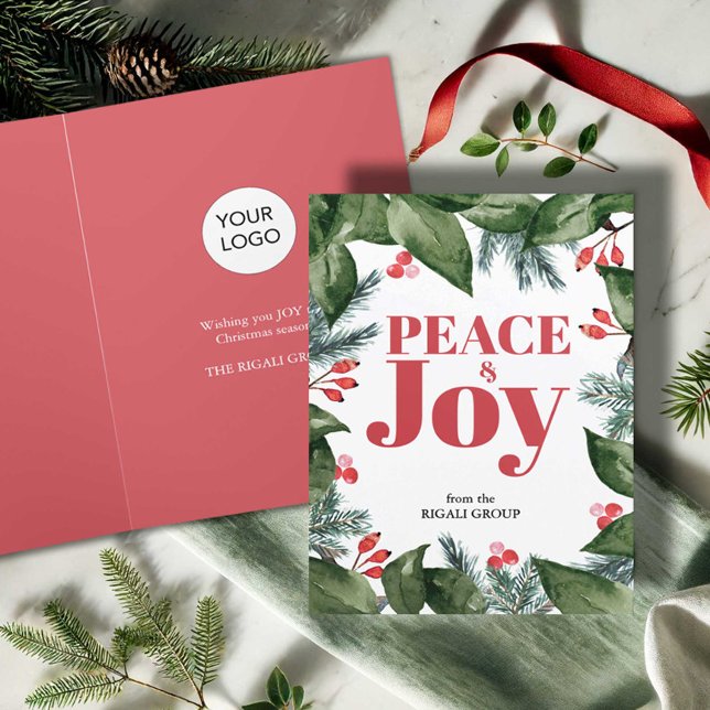 Business Christmas Cards Watercolor Botanicals (Business Christmas cards with logo watercolor botanicals in red and green with the word Joy)