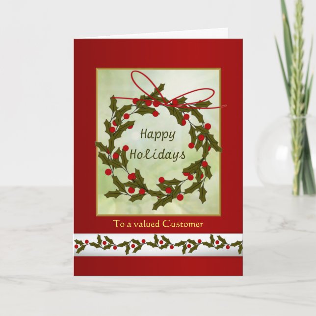 Business Christmas Customers - Holly Wreath Holiday Card (Front)