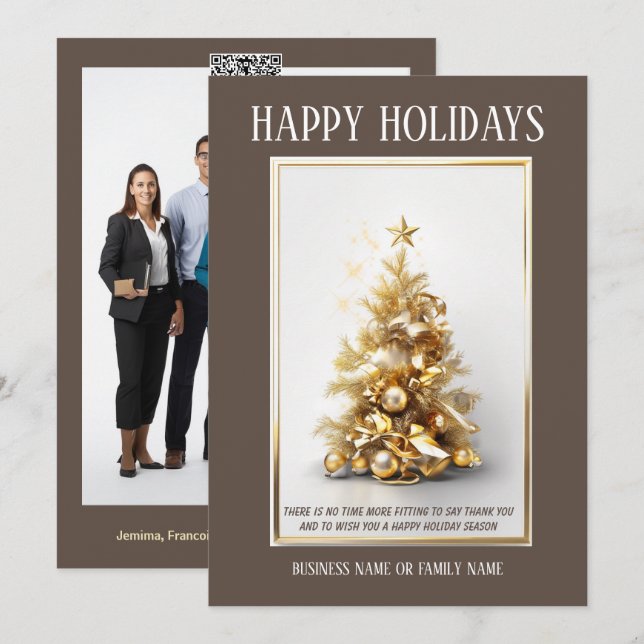 Business christmas gold Christmas tree photo qr  Holiday Card (Front/Back)