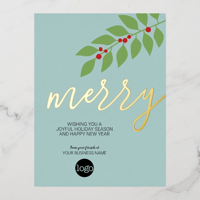 Business Christmas Greeting Merry Aqua - Gold Foil Holiday Postcard (Front)