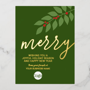 Business Christmas Greeting Merry Green Leaf Gold Foil Holiday Postcard