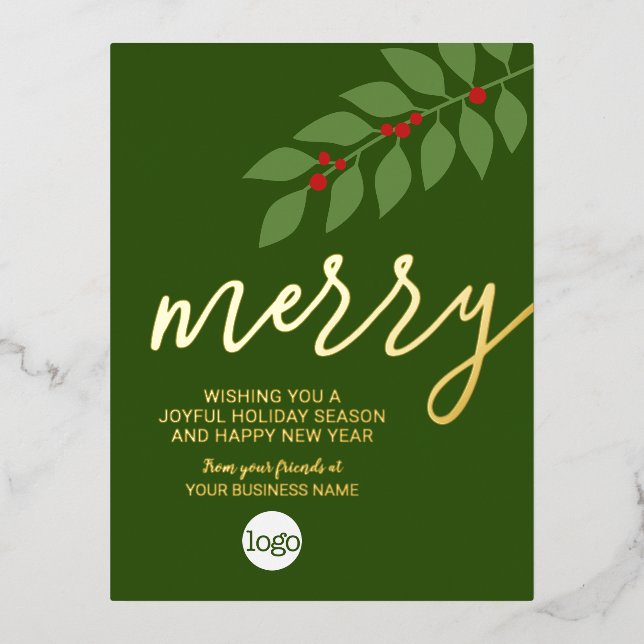 Business Christmas Greeting Merry Green Leaf Gold Foil Holiday Postcard (Front)