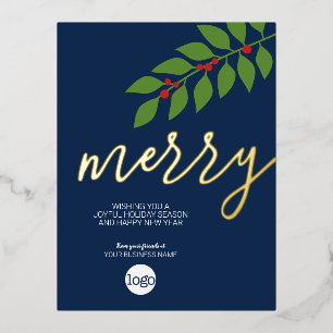 Business Christmas Greeting Merry Navy Leaf Gold Foil Holiday Postcard