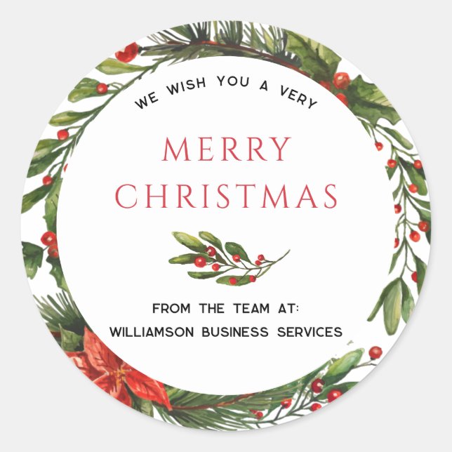 Business Christmas Holidays Botanical Holly Wreath Classic Round Sticker (Front)