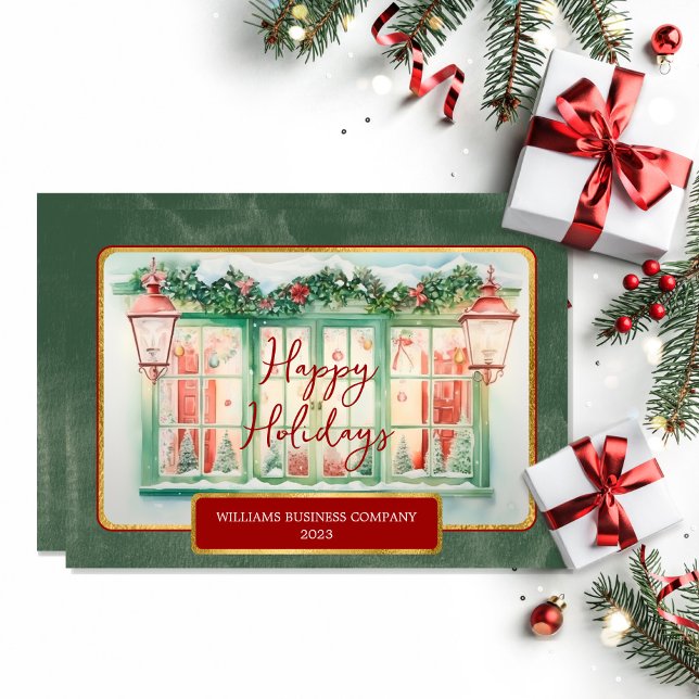 Business Christmas Holly | Berries Happy Holidays  Holiday Card (Nostalgic style "Happy Holidays" holly and berries in window business Christmas holiday card.)