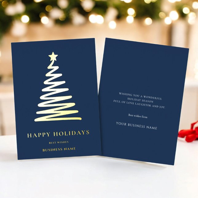  Business Christmas  Modern minimal blue Corporate Foil Holiday Card (business corporate christmas card , modern minimal gold and navy blue real foil overlay)