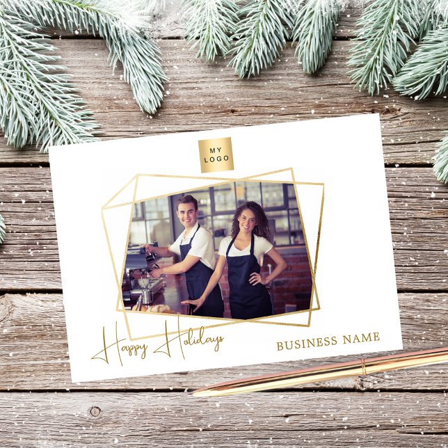 Business Christmas photo white gold logo Holiday Card (Creator Uploaded)