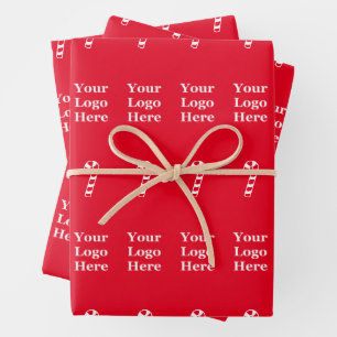 Business Christmas Red & White Candy Cane & Logo Wrapping Paper Sheet