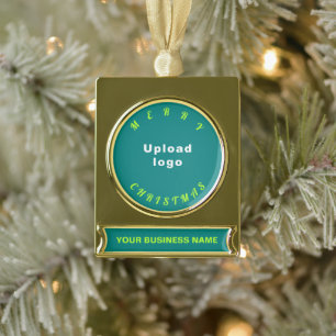 Business Christmas Teal Green on Gold Plated Banner Ornament