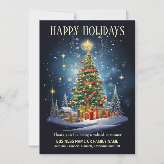 Business christmas tree gifts village snow logo  holiday card (Front)