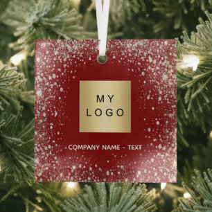 Business comapany logo red silver glitter glass tree decoration