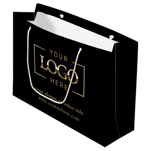  Business Company Custom Logo | Black Promotional Large Gift Bag (Front Angled)