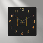 Business company logo black gold square wall clock<br><div class="desc">A stylish,  classic black background. Personalise and add your business,  company logo.  Golden clock numbers.</div>