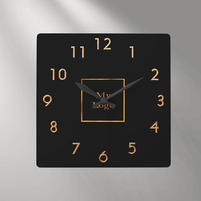 Business company logo black gold square wall clock (Creator Uploaded)