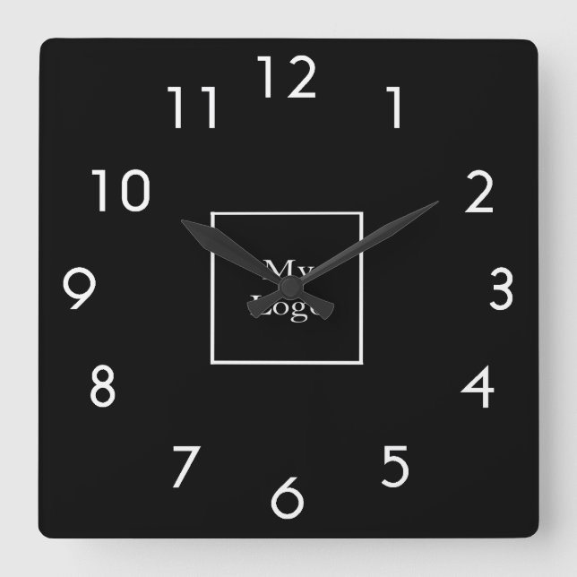 Business company logo black white square wall clock (Front)