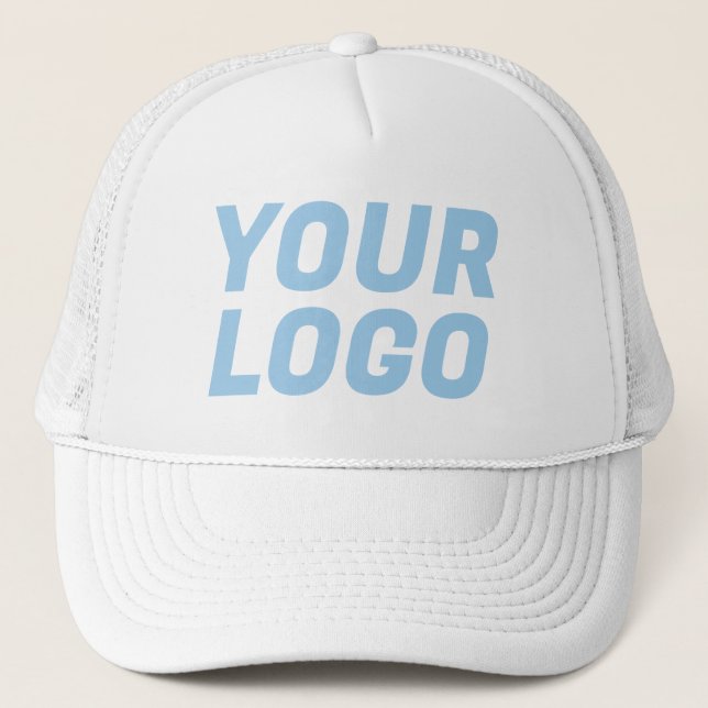 Business Company Logo CUSTOM White and Light Blue Trucker Hat (Front)