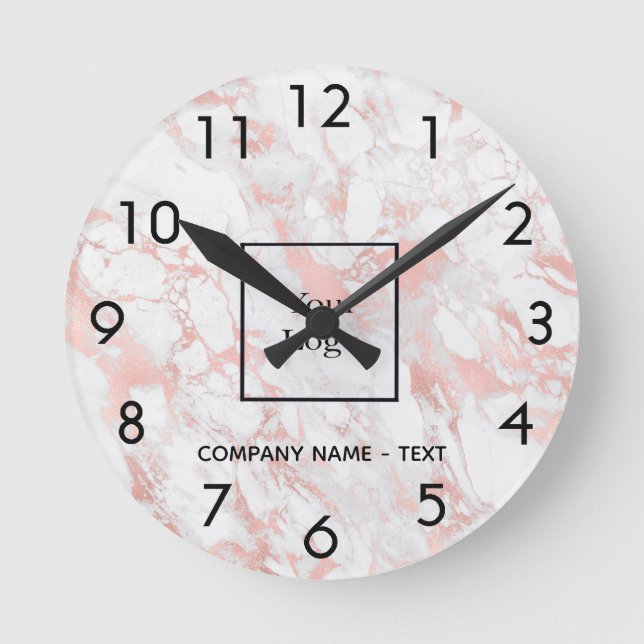 Business company logo marble rose gold round clock (Front)