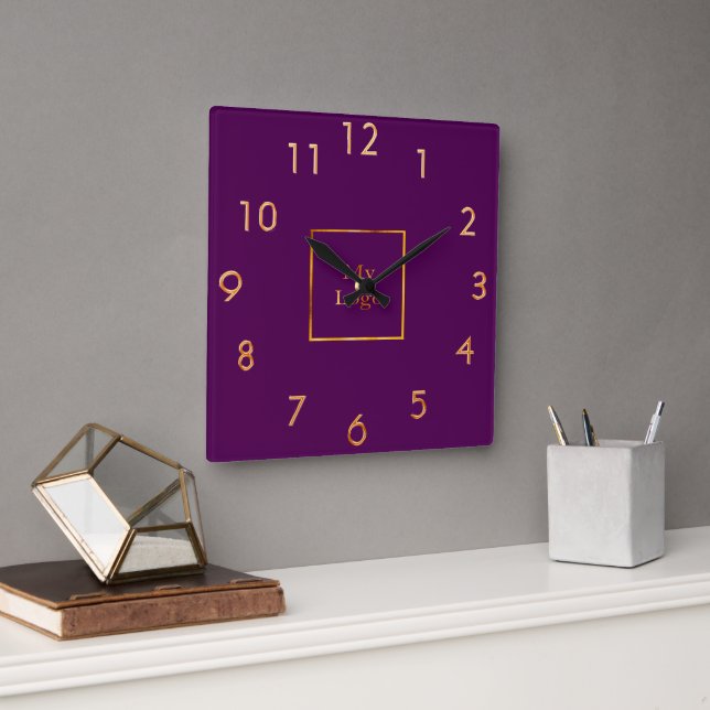 Business company logo purple gold square wall clock (Office)