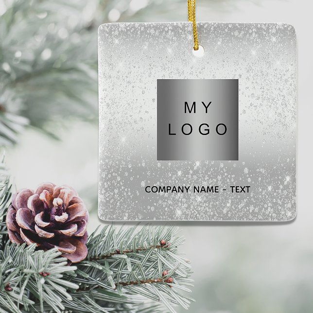 Business company logo silver glitter classic ceramic ornament (Creator Uploaded)