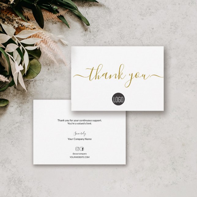 Business Company logo Social Gold Black small Thank You Card (Black gold business thank you card with custom logo, message, social icons, website and company name)