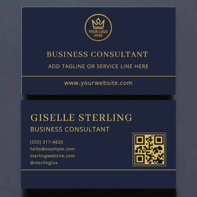 Business Consultant Blue Gold Logo QR Code Card (Creator Uploaded)