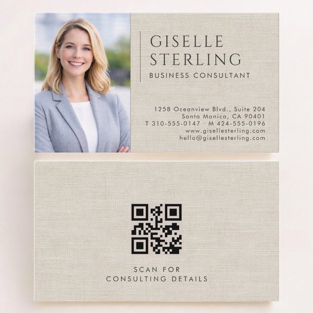 Business Consultant Linen Photo QR Code Card (Creator Uploaded)