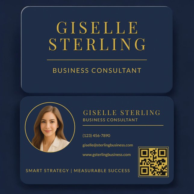 Business Consultant Navy Blue Gold Photo QR Code Business Card (Creator Uploaded)