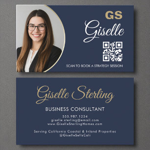 Business Consultant Navy Blue Gold Photo QR Code Business Card