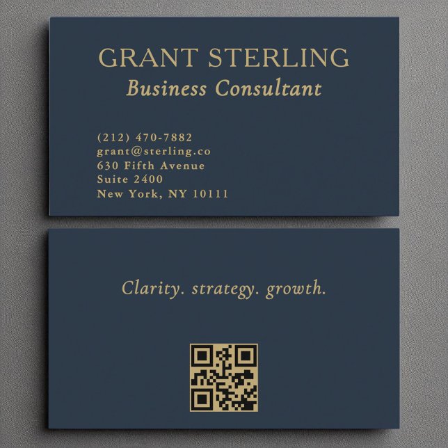 Business Consultant Navy Blue Gold QR Code  Card (Creator Uploaded)