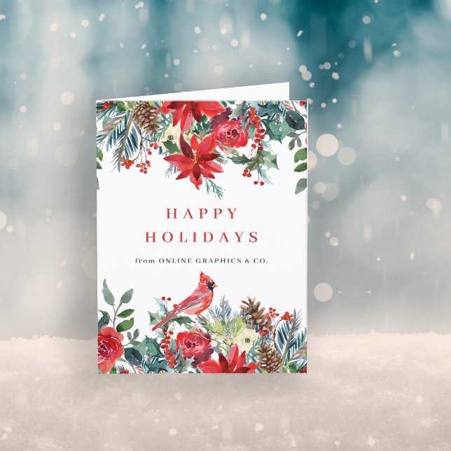 Business corporate elegant rustic red floral LOGO Holiday Card (Creator Uploaded)