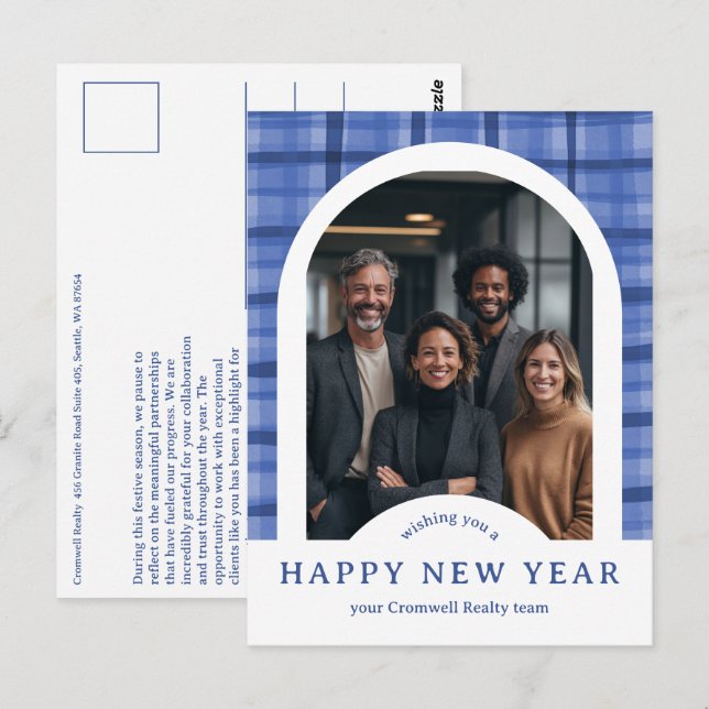 Business Corporate Holiday Plaid CUSTOM Arch PHOTO Postcard (Front/Back)