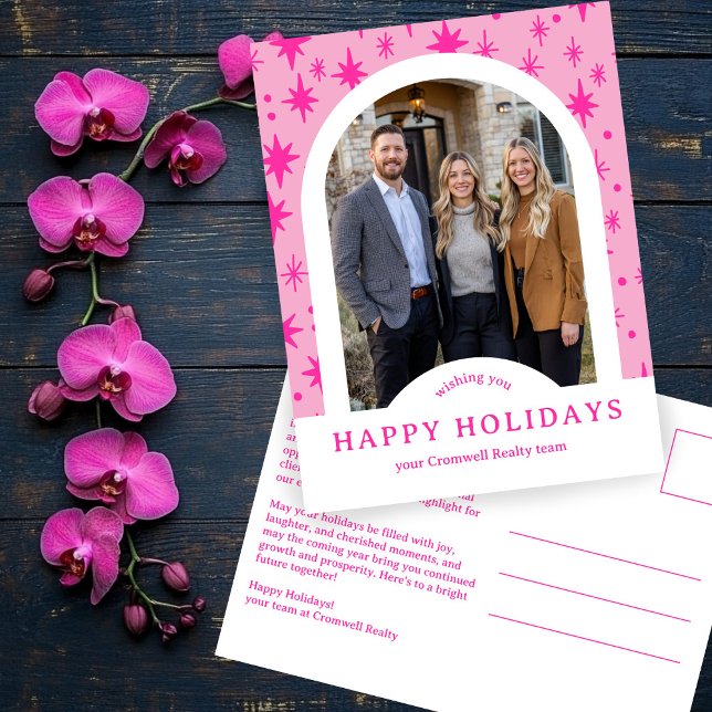Business Corporate Holiday Stars CUSTOM Arch PHOTO Postcard (Business Corporate Holiday Stars Pink CUSTOM Arch PHOTO Christmas Postcard
)