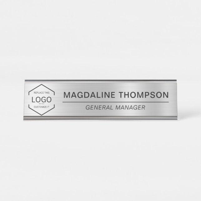 Business Corporate Logo Silver Metallic Desk Name Plate (Front)